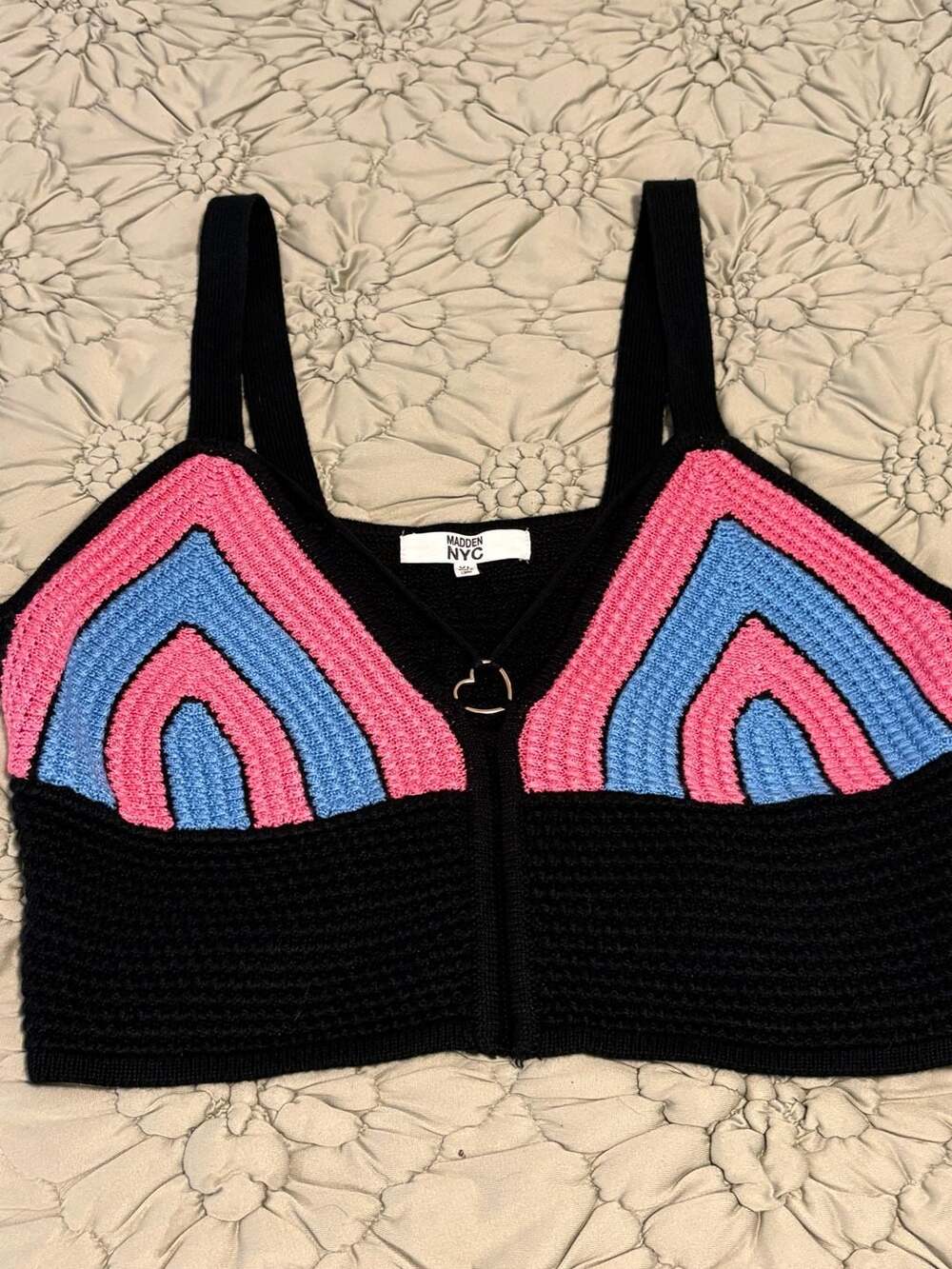 Madden NYC Black Pink and Blue Crochet Crop Top with Heart O-Ring Size XL